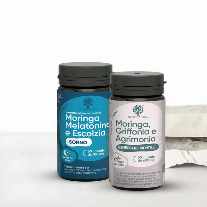 100% natural relaxation and sleep set | Against anxiety and stress with 5-HTP from Griffonia, Agrimony, Melatonin, Valerian and Moringa