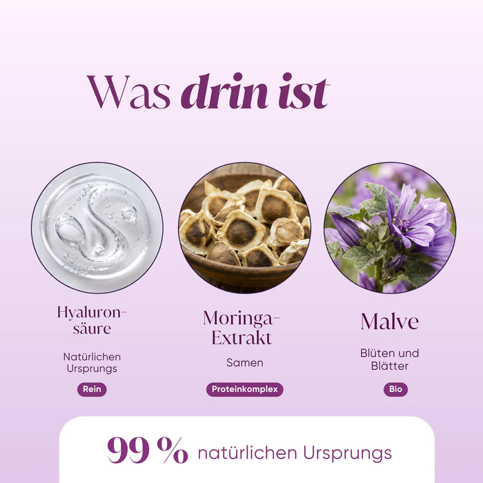 Inhaltsstoffe des Serums: reine Hyaluronsäure, Moringa-Extrakt, Malve, 99 % natürlichen Ursprungs