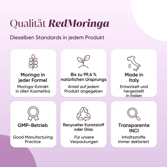 RedMoringa-Qualität: Moringa in jeder Formel, Made in Italy, GMP, recycelte Verpackung, transparente INCI