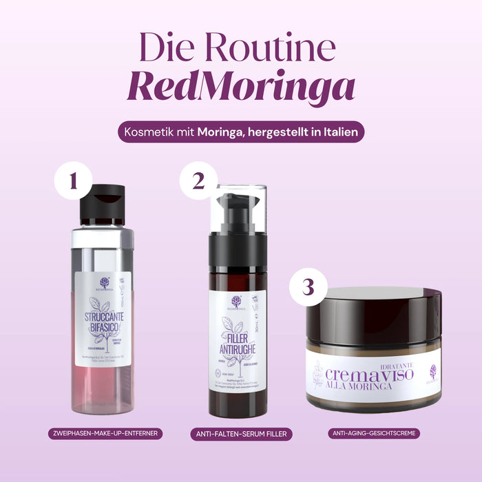 RedMoringa-Routine: Make-up-Entferner, Anti-Falten-Serum, Anti-Aging-Gesichtscreme