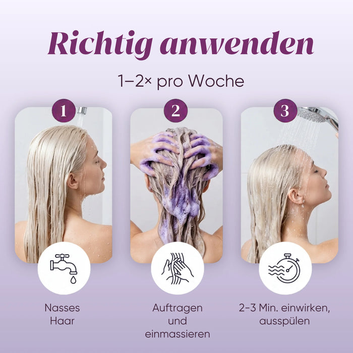 Anwendung des Anti-Gelbstich-Shampoos: nasses Haar, auftragen, einmassieren, 2-3 Min. einwirken, ausspülen