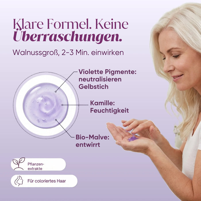 Klare Formel: violette Pigmente, Kamille, Bio-Malve, milde Tenside, für coloriertes Haar