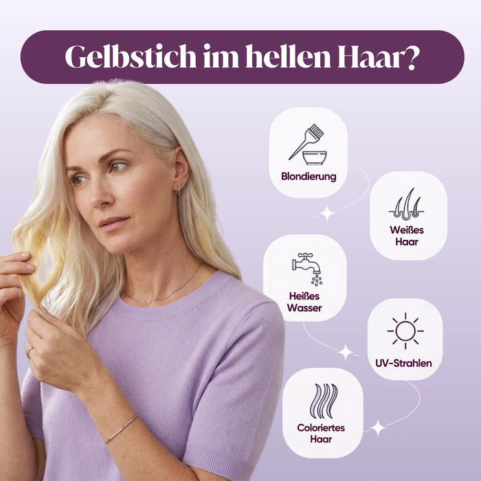 Gelbstich im hellen Haar: Blondierung, weißes Haar, heißes Wasser, UV-Strahlen, coloriertes Haar