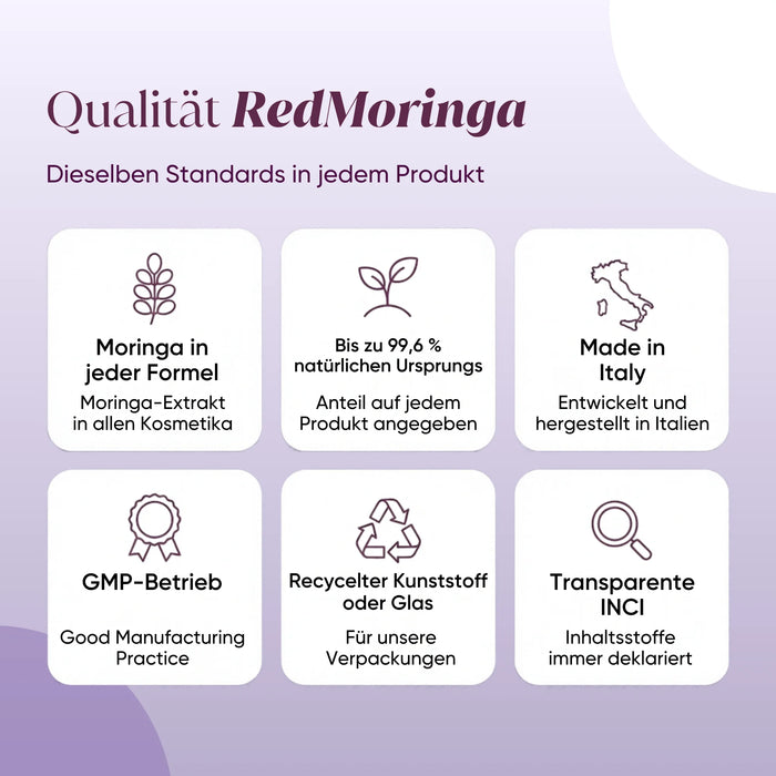 RedMoringa-Qualität: Moringa in jeder Formel, Made in Italy, GMP, recycelte Verpackung, transparente INCI