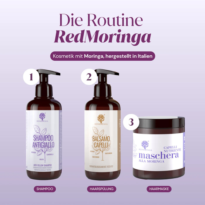 RedMoringa-Routine: Anti-Gelbstich-Shampoo, Haarspülung, Haarmaske mit Moringa