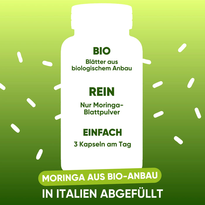 Bio-Moringa: Blätter aus biologischem Anbau, nur Moringa-Blattpulver, 3 Kapseln am Tag, in Italien abgefüllt