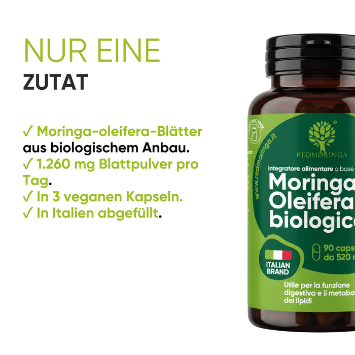 Nur eine Zutat: Blätter der Bio-Moringa oleifera, 1.260 mg in 3 Kapseln