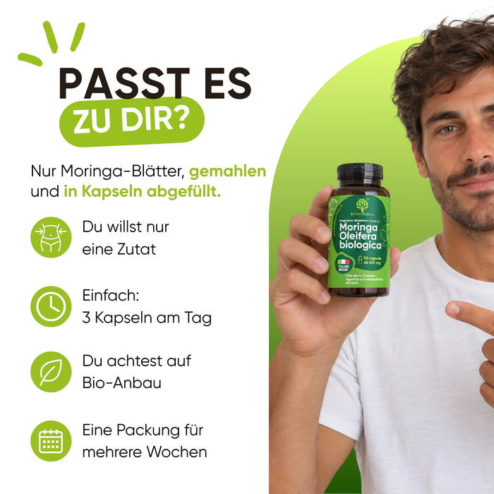 Bio-Moringa in Kapseln: eine Zutat, 3 Kapseln am Tag, eine Packung für mehrere Wochen
