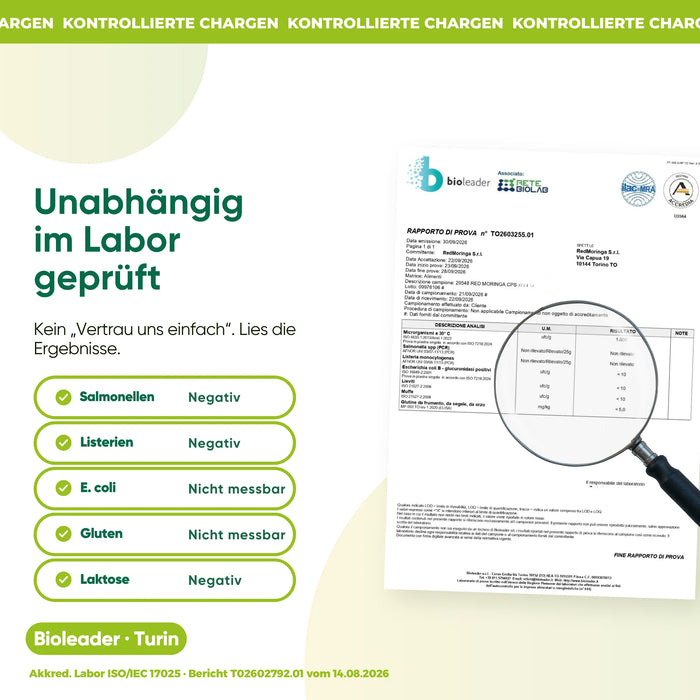 Moringa von einem unabhängigen italienischen Labor analysiert: Salmonellen, Listerien und Laktose nicht nachgewiesen