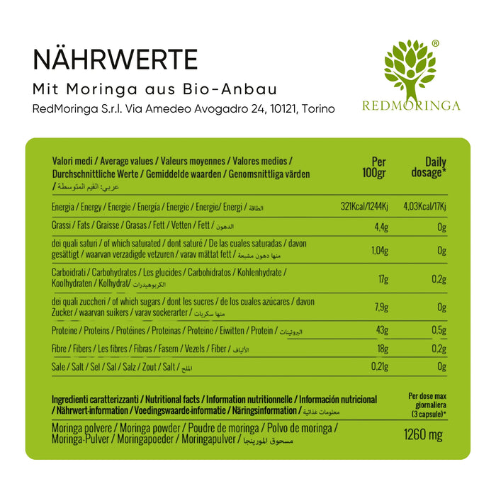 Nährwerte der Bio-Moringa oleifera Kapseln