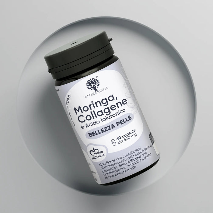 Moringa, Collagene e Acido Ialuronico - bellezza pelle
60 capsule da 520 mg

Con Rame che contribuisce al mantenimento dei normali tessuti connettivi. Zinco e Biotina che contribuiscono al mantenimento di una pelle normale.
