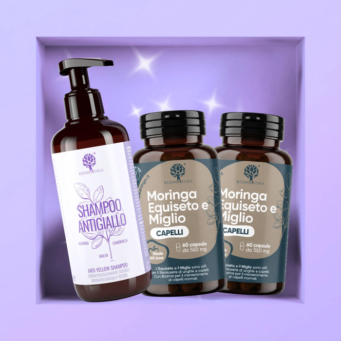 Programm für blondiertes und graues Haar IN&OUT | 2× Haar-Kapseln + Anti-Gelbstich-Shampoo mit Moringa