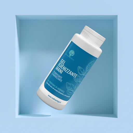 Gel igienizzante mani naturale RedMoringa con aloe vera, antibatterico e idratante, ideale per mani pulite e morbide in ogni momento.