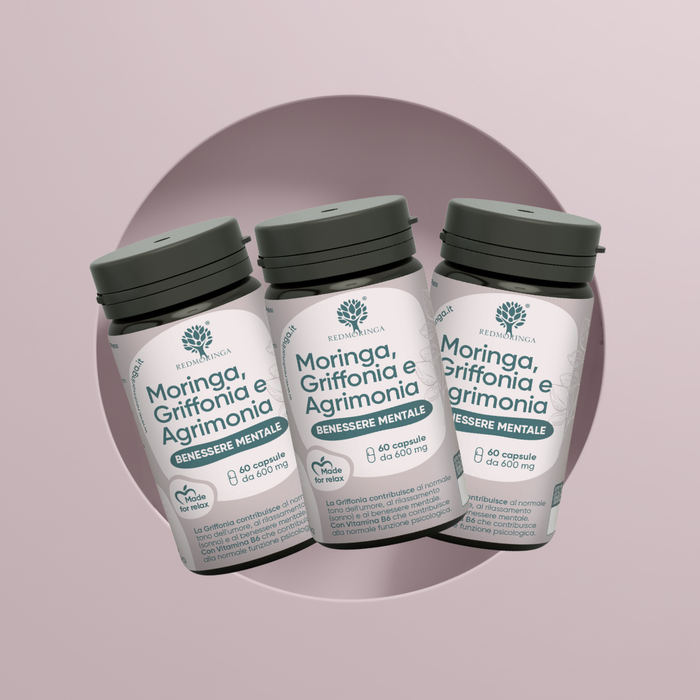 Nahrungsergänzungsmittel mit Griffonia 5HTP, Agrimonia, Vitamin B6 und Moringa -