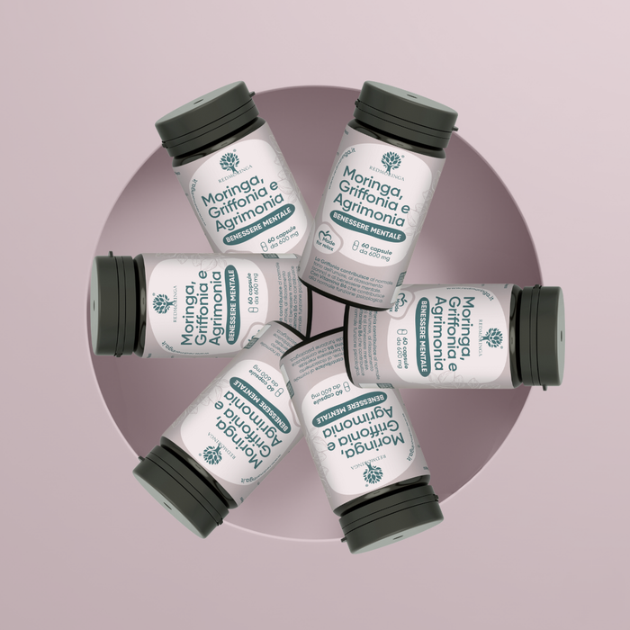 Nahrungsergänzungsmittel mit Griffonia 5HTP, Agrimonia, Vitamin B6 und Moringa -