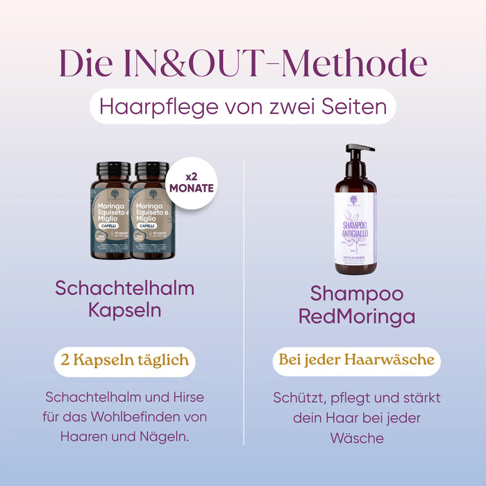 Programm für blondiertes und graues Haar IN&OUT | 2× Haar-Kapseln + Anti-Gelbstich-Shampoo mit Moringa