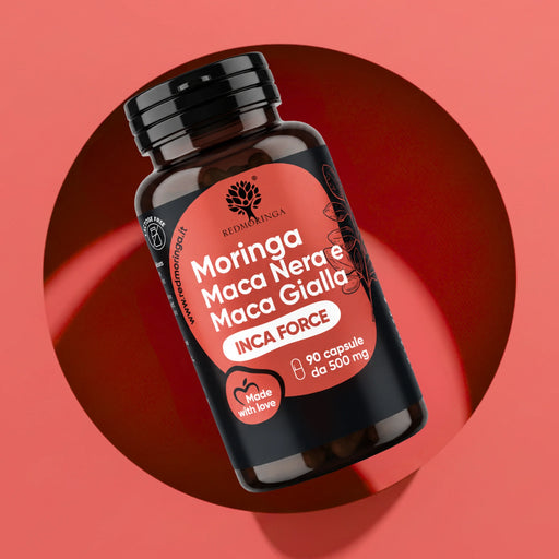 Dose INCA FORCE von RedMoringa mit schwarzer und gelber Maca und Moringa, 90 Kapseln à 500 mg auf rotem Hintergrund