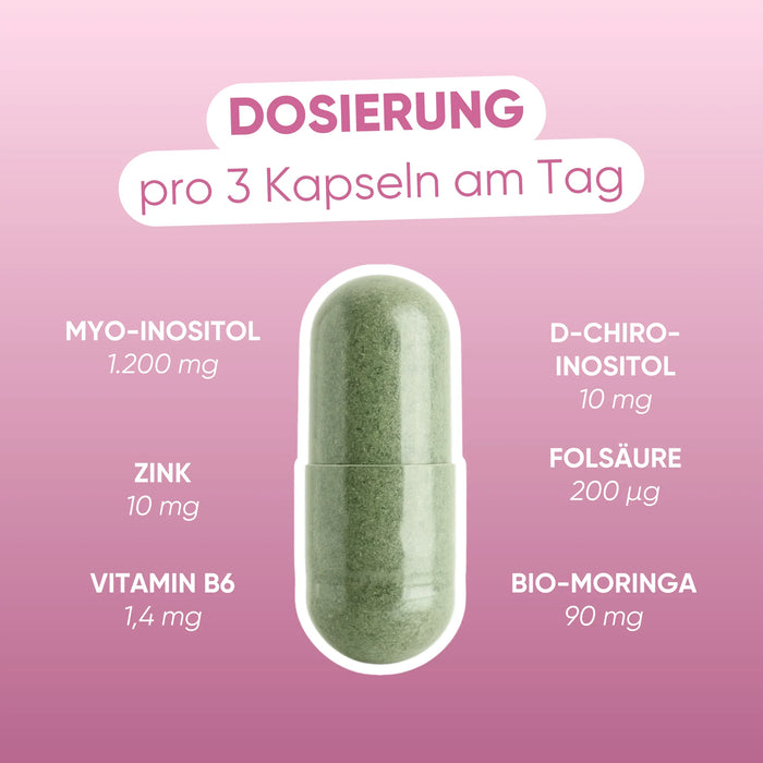 Dosierung pro 3 Kapseln: Myo-Inositol 1.200 mg, D-Chiro-Inositol 10 mg, Zink 10 mg, Vitamin B6 1,4 mg, Folsäure 200 µg, Bio-Moringa 90 mg