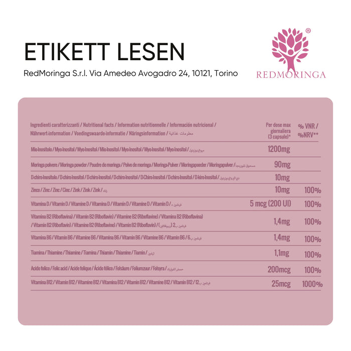 Zutatentabelle: Myo-Inositol, Moringa, D-Chiro-Inositol, Zink, Vitamin D und B-Vitamine, Folsäure