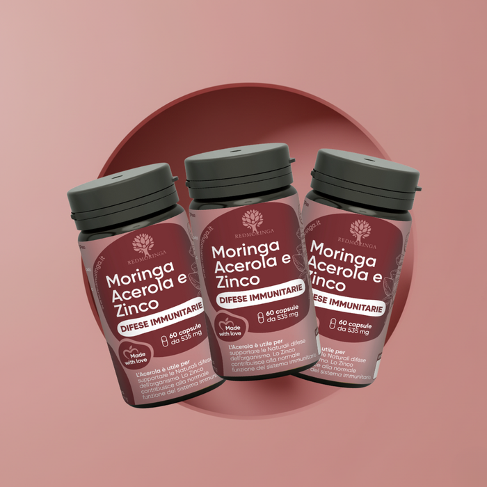 Integratore Acerola naturale RedMoringa ricco di vitamina C, sostiene le difese immunitarie e aiuta a contrastare stanchezza e stress ossidativo.