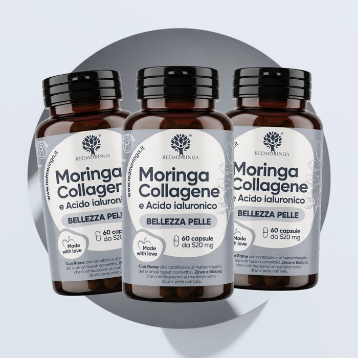 Kollagen 600 mg, Hyaluronsäure, Vitamin C, Zink, Biotin + Bio-Moringa | Vitamin C trägt zu einer normalen Kollagenbildung für eine normale Funktion der Haut bei