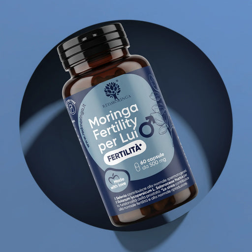 Dose Moringa Fertility per Lui von RedMoringa, Nahrungsergänzungsmittel mit 60 Kapseln à 500 mg, blauer Hintergrund