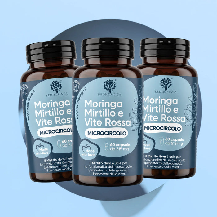 Mikrozirkulation der Beine: Heidelbeere (1 % Anthocyane), Rotes Weinlaub (5 % Polyphenole) + Bio-Moringa | 60 Kapseln