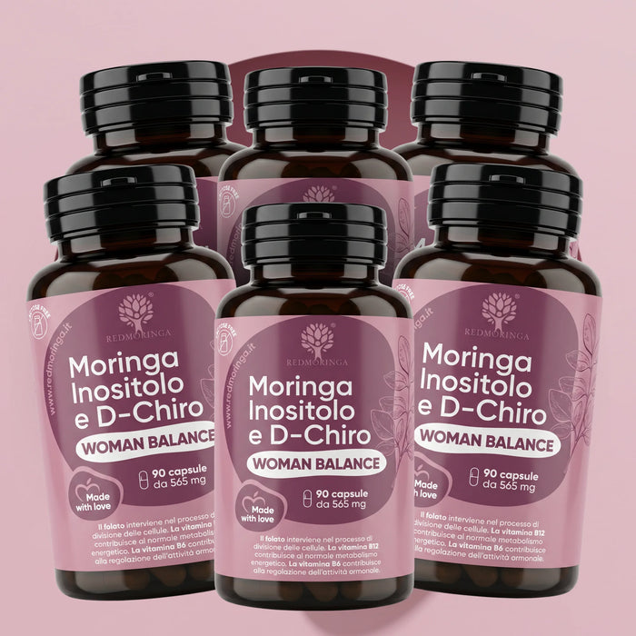 Sechs Dosen Moringa Inositol und D-Chiro Woman Balance RedMoringa, 6 x 90 pflanzliche Kapseln für 6 Monate