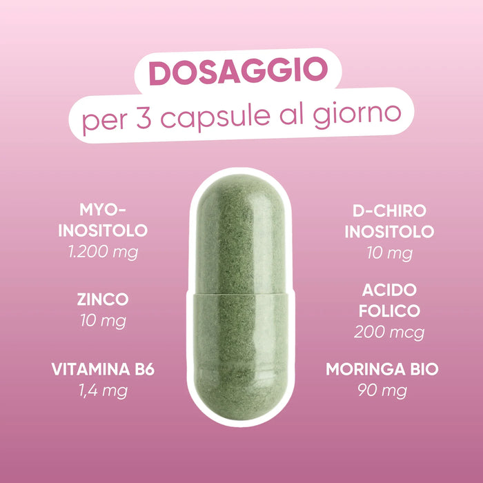 Dosierung pro 3 Kapseln: Myo-Inositol 1.200 mg, D-Chiro-Inositol 10 mg, Zink 10 mg, Vitamin B6 1,4 mg, Folsäure 200 µg, Bio-Moringa 90 mg