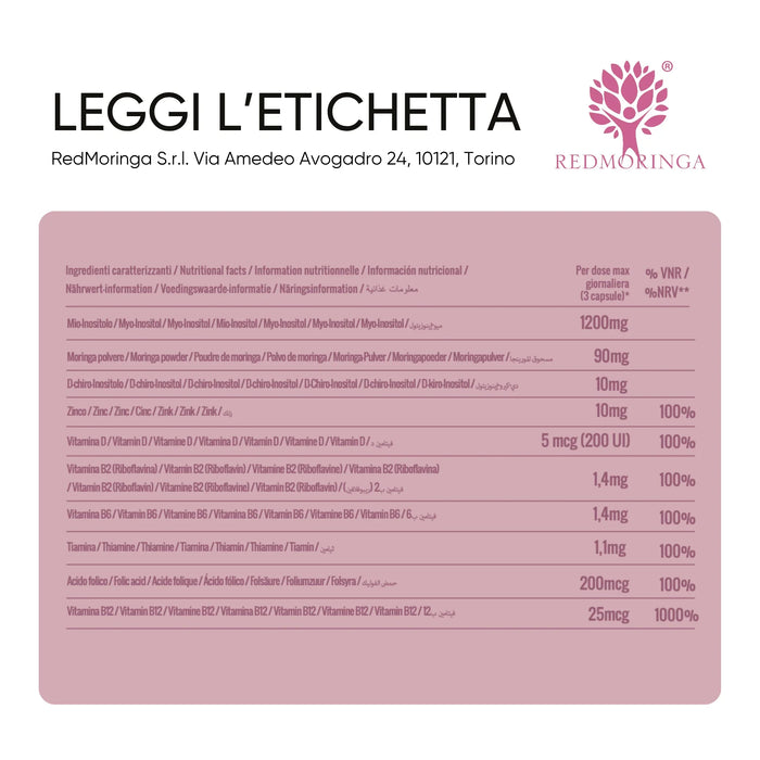 Zutatentabelle: Myo-Inositol, Moringa, D-Chiro-Inositol, Zink, Vitamin D und B-Vitamine, Folsäure