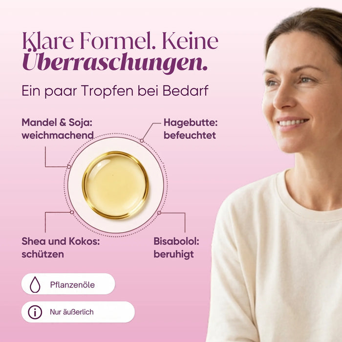 Klare Formel des Intimgleitmittels: Mandel und Soja, Hagebutte, Shea und Kokos, Bisabolol