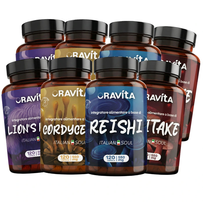 Kit 4 Heilpilze ORAVità: Lion's Mane, Cordyceps, Reishi und Shiitake in einer einzigen Packung