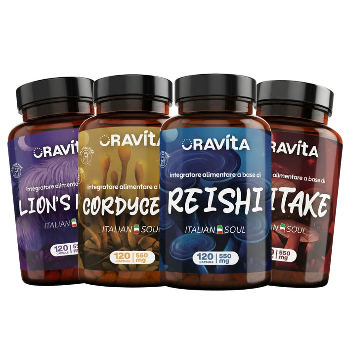 Kit 4 funghi medicinali ORAVità: Lion's Mane, Cordyceps, Reishi e Shiitake in un'unica confezione