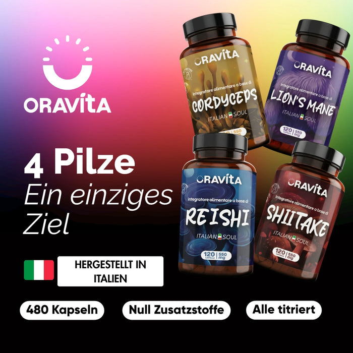 4 Pilze Kit ORAVità hergestellt in Italien: 480 Kapseln, keine Zusatzstoffe, alle titriert