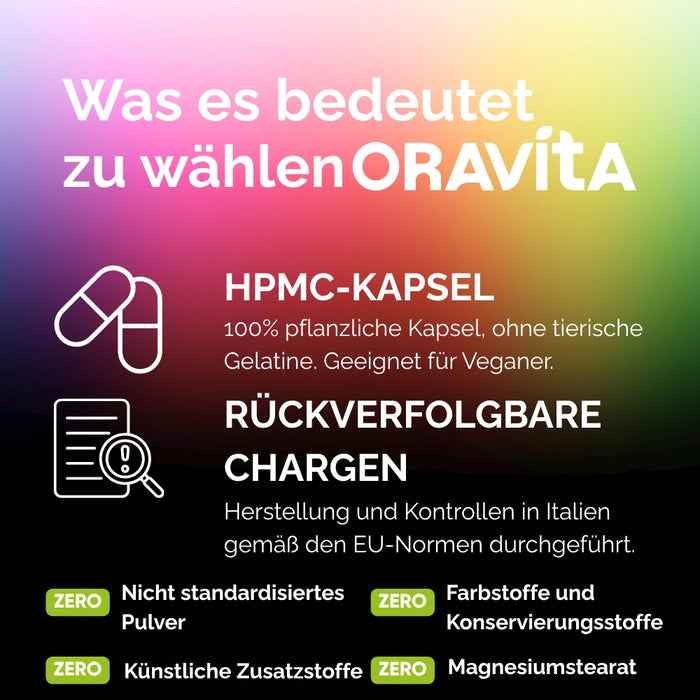 4 Pilze Kit ORAVità: pflanzliche HPMC-Kapseln, rückverfolgbare Chargen, null künstliche Zusatzstoffe