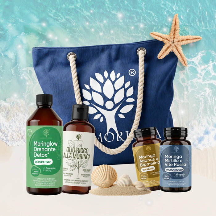 Sommer-Kit Anti-Cellulite | Nahrungserganzung + Korperol + Moringlow + Strandtasche