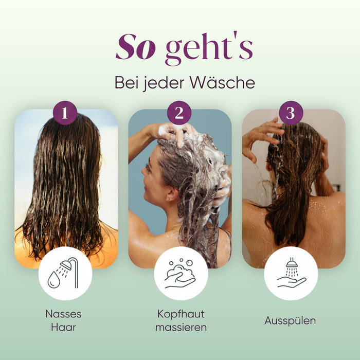 Anwendung des Shampoos: nasses Haar, Kopfhaut massieren, ausspülen