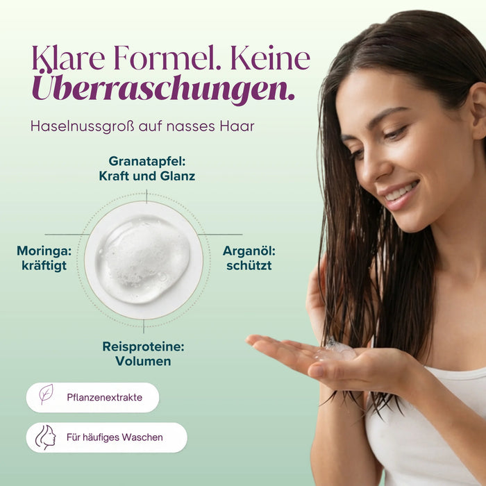 Klare Formel: Granatapfel, Moringa, Arganöl, Reisproteine, pflanzliche Tenside