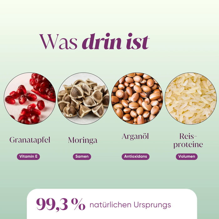 Inhaltsstoffe des Shampoos: Granatapfel, Moringa, Arganöl, Reisproteine, 99,3 % natürlichen Ursprungs