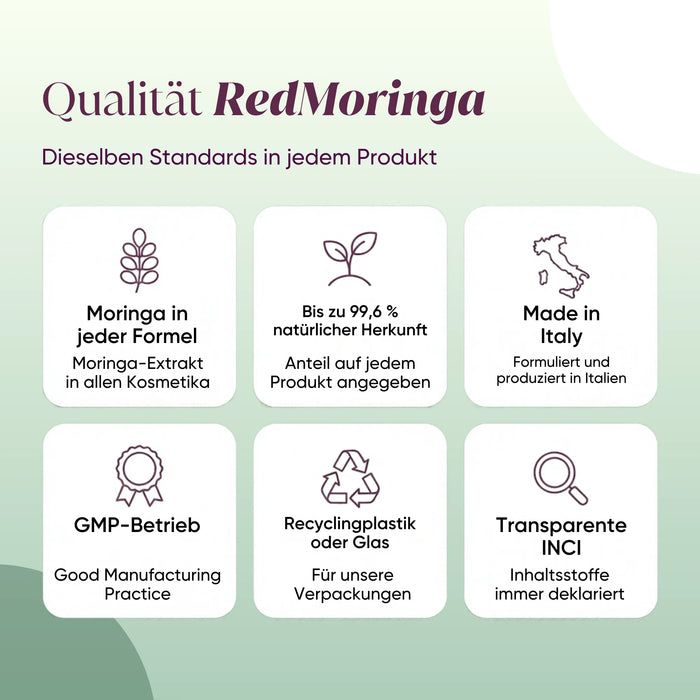 RedMoringa-Qualität: Moringa in jeder Formel, Made in Italy, GMP, recycelte Verpackung, transparente INCI