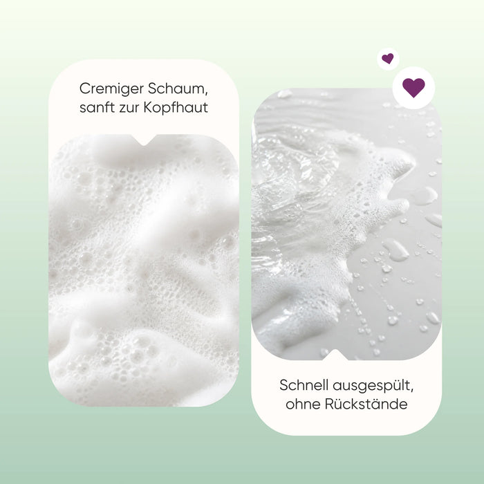Moringa-Shampoo: cremiger Schaum, sanft zur Kopfhaut, lässt sich ohne Rückstände ausspülen