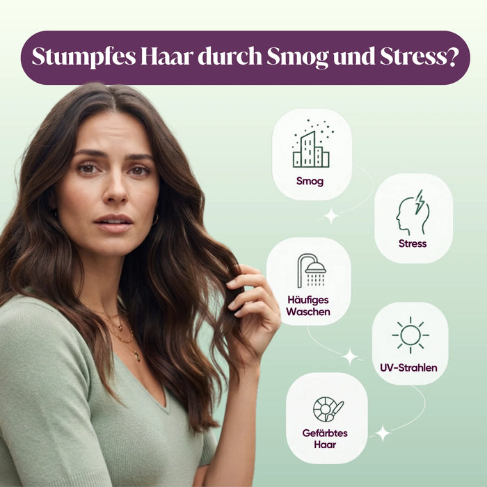 Stumpfes Haar durch Smog und Stress: Smog, Stress, häufiges Waschen, UV-Strahlen, gefärbtes Haar