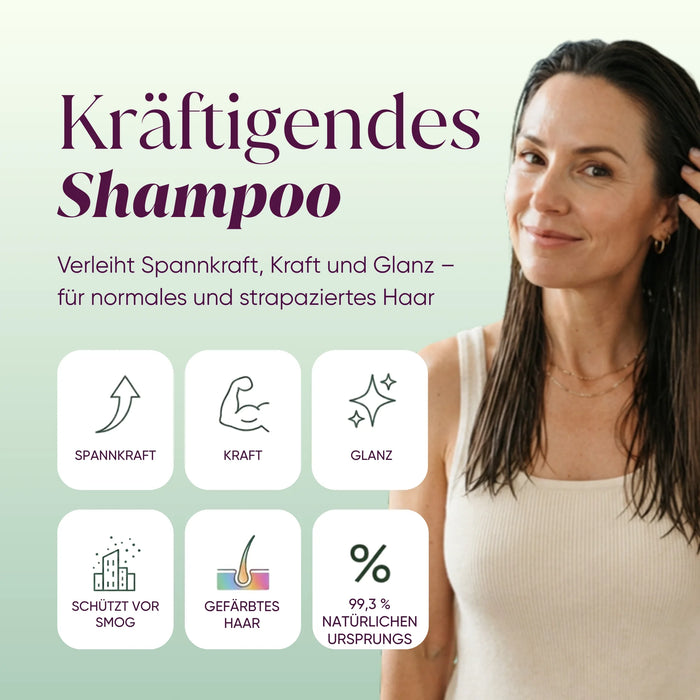 Kräftigendes Moringa-Shampoo: Spannkraft, Kraft, Glanz, schützt vor Smog, 99,3 % natürlichen Ursprungs