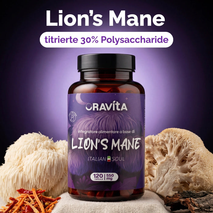 Lion's Mane Kapseln ORAVità titriert auf 30% Polysaccharide – Extrakt aus dem natürlichen intelligenten Pilz