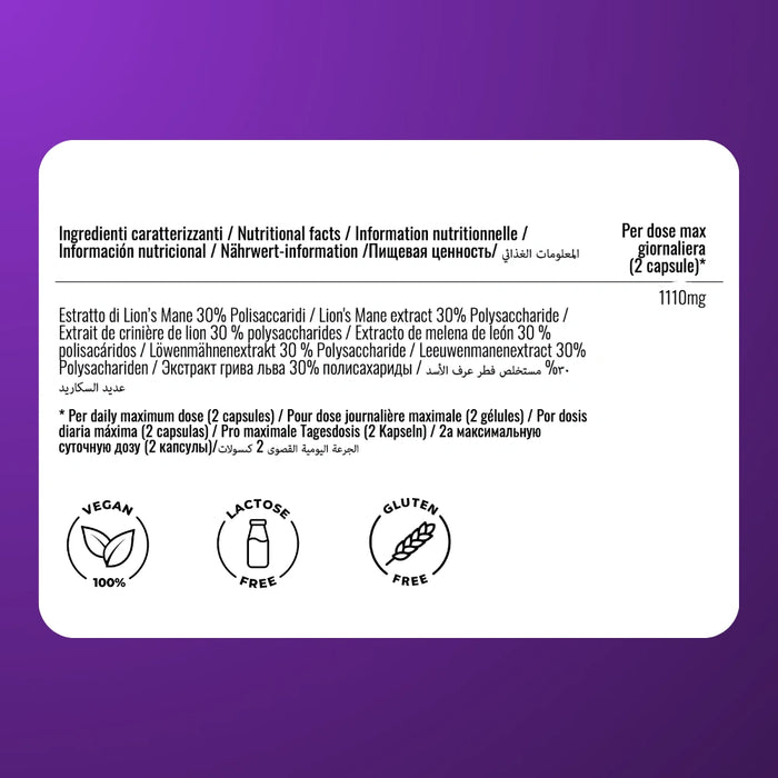 Etikett Lion's Mane Kapseln ORAVità: Extrakt 30% Polysaccharide, vollständige Zutaten und Nährwertangaben