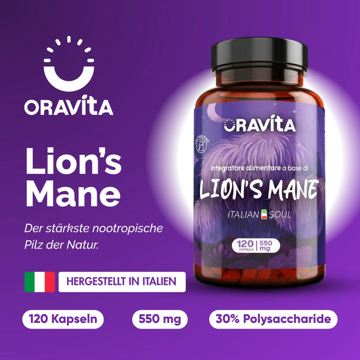 Lion's Mane Nahrungsergänzungsmittel ORAVità hergestellt in Italien: 120 Kapseln à 550mg, 30% Polysaccharide