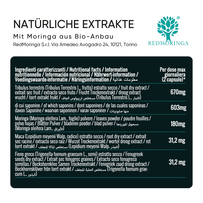 Zutatentabelle Energia: Tribulus, Maca, Moringa, Bockshornklee