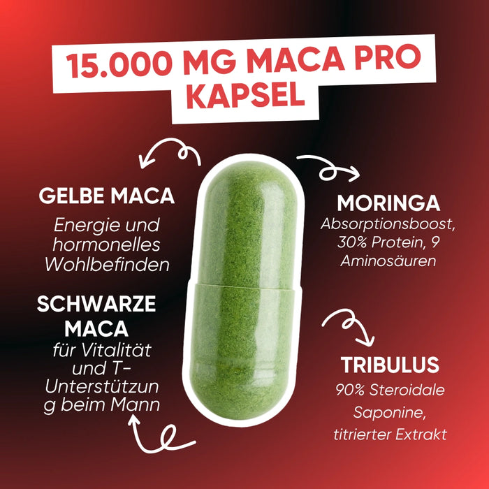 Schwarze Maca 15.000mg pro Kapsel: Maca Gialla für Energie, Maca Nera für Vitalität, Moringa und Tribulus 90%