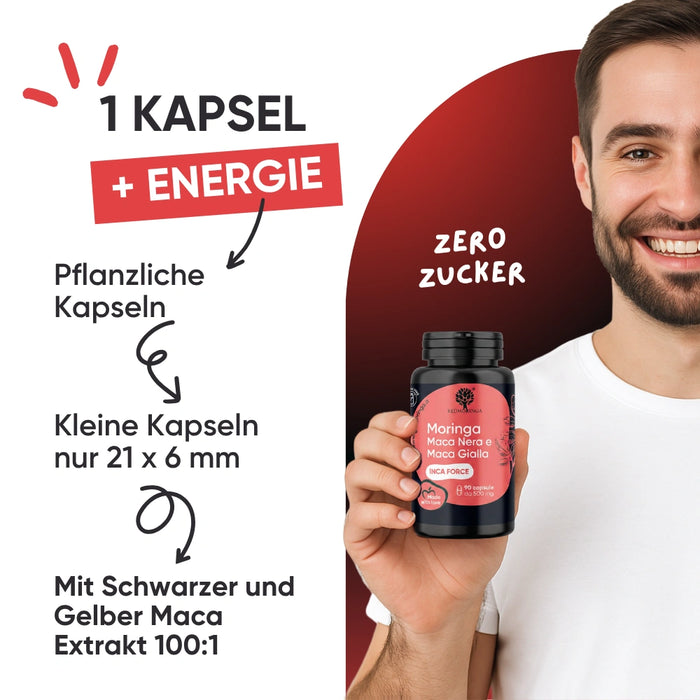 Schwarze Maca RedMoringa einnehmen: 1 Kapsel täglich, kleine pflanzliche Kapseln 21x6mm, ohne Zucker
