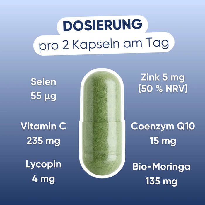 Dosierung pro 2 Kapseln: Selen 55 µg, Zink 5 mg, Vitamin C 235 mg, Q10 15 mg, Lycopin 4 mg, Moringa 135 mg